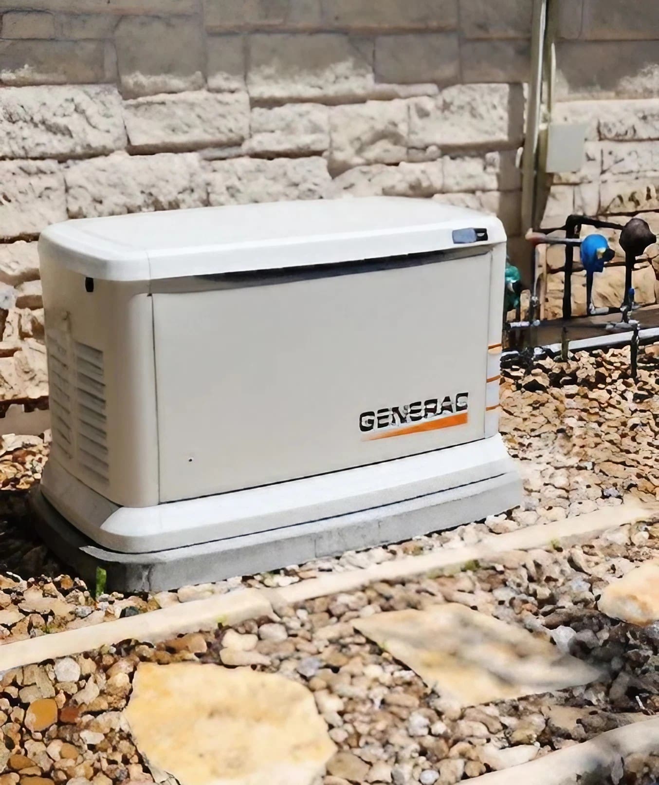 A generator sitting on the ground outside of a house.